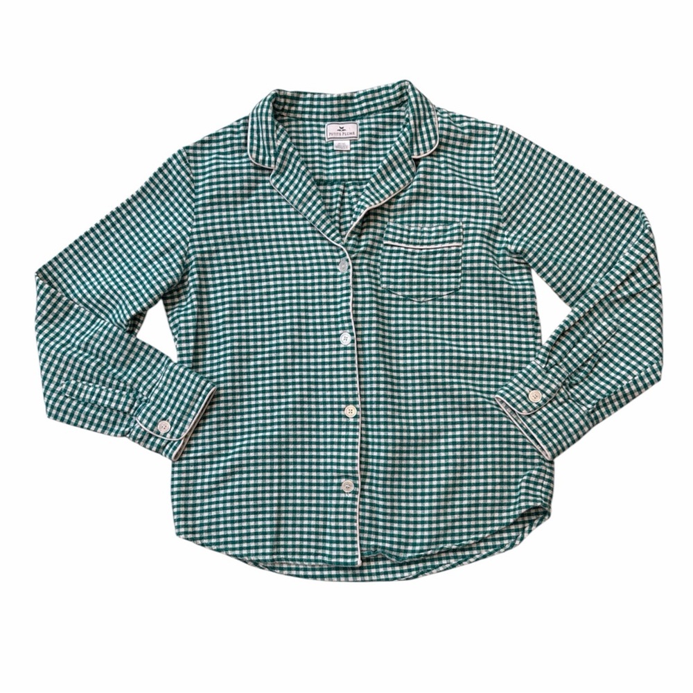 Petite Plume Green and White Checkered Flannel Long Sleeve Pajama Top